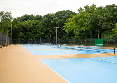 Beige and blue tennis courts surrounded by trees
