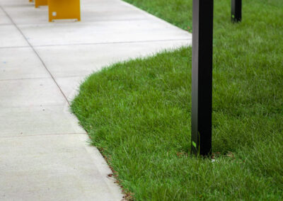 Tall black ambient lights along a pathway around yellow player benches
