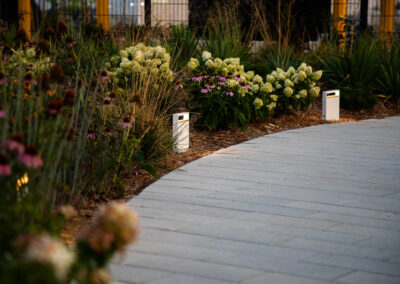 White ambient lighting lining a pathway through a garden bed at Porsche Experience Centre Toronto