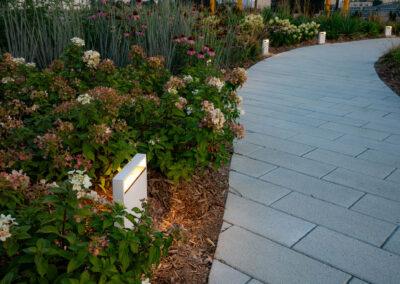 Ambient lighting following a garden bed pathway at Porsche Experience Centre Toronto