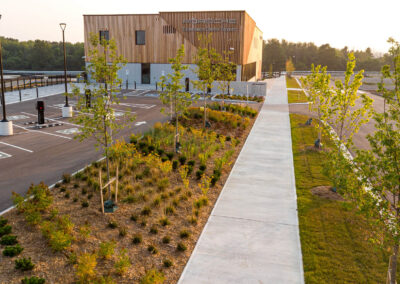 Aerial photo of the garden bed with flowers and walkway at Porsche Experience Centre Toronto
