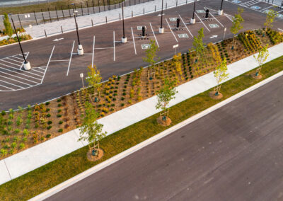Aerial photo of walkway and garden beds at Porsche Experience Centre Toronto