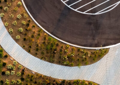 Overhead photo of the walkway through the front garden bed at Porsche Experience Centre Toronto