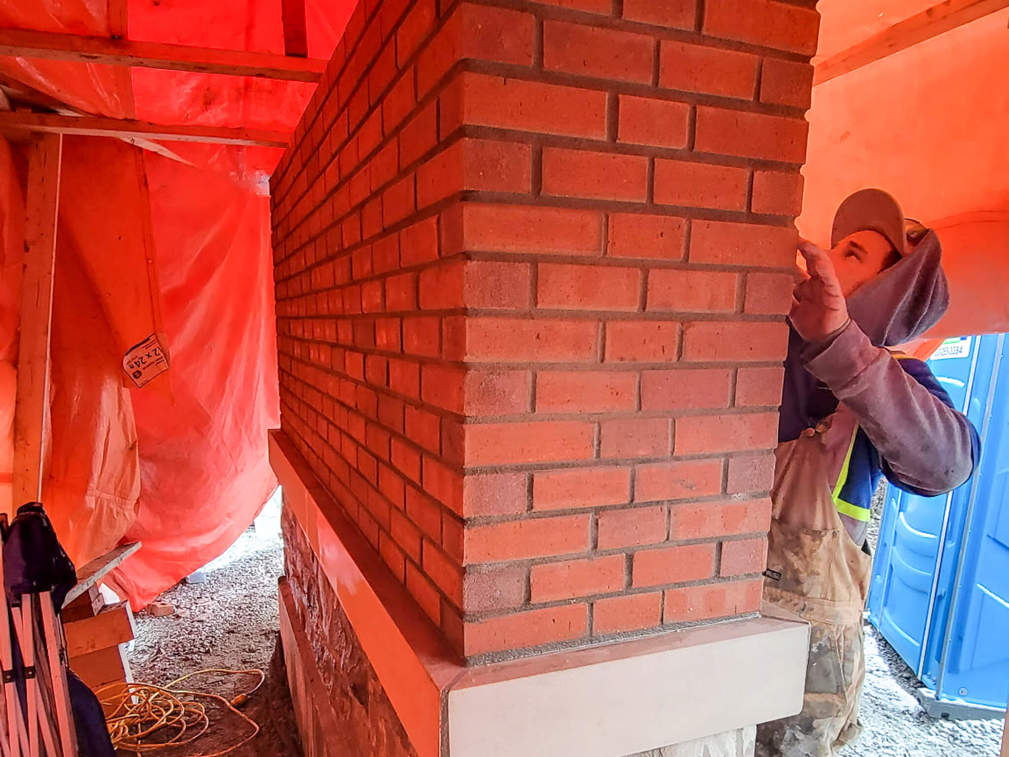 Tented outdoor project for masonry work