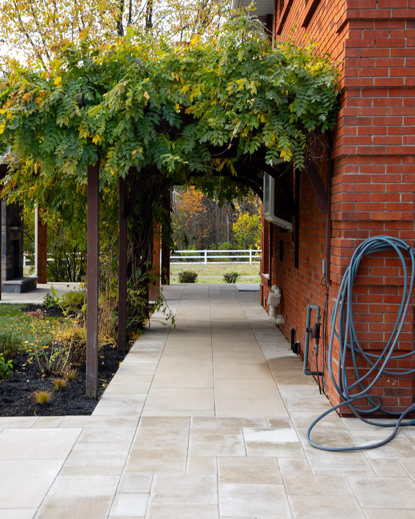 Mature wisteria growing over a pergola walkway beside a brick home, creating a shaded garden path as part of the Project Mountsberg landscape transformation.