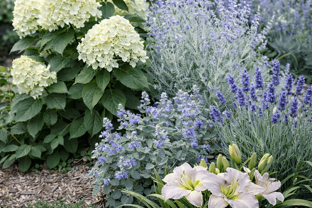 Cool-Toned Pollinator Garden with Hydrangea and Russian Sage